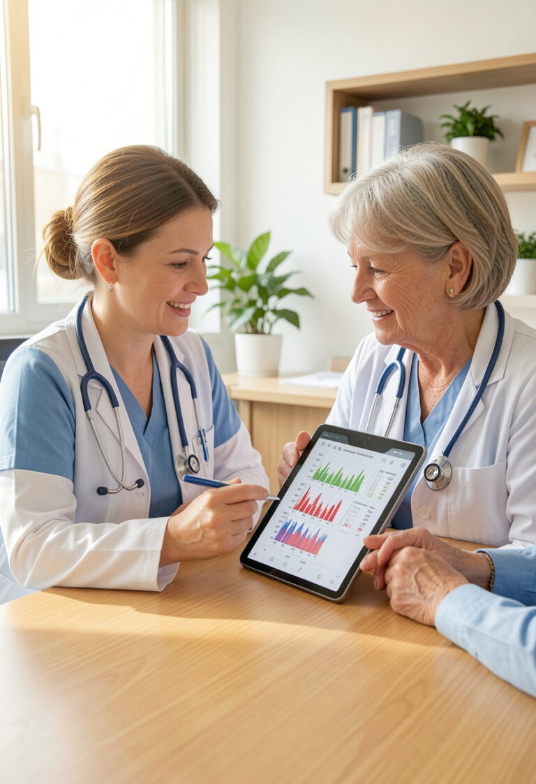 Healthcare provider discussing personalized hormone therapy treatment for perimenopause and menopause symptoms including fatigue, brain fog, hot flashes, and hormone imbalance.