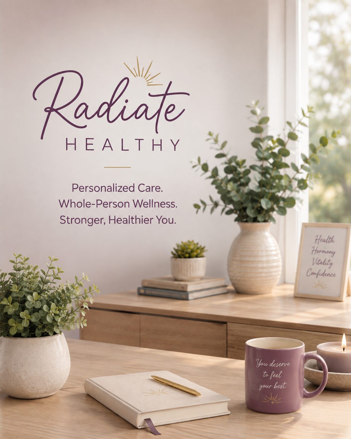 Radiate Healthy wellness office featuring a calming, modern healthcare setting with natural elements and branded decor